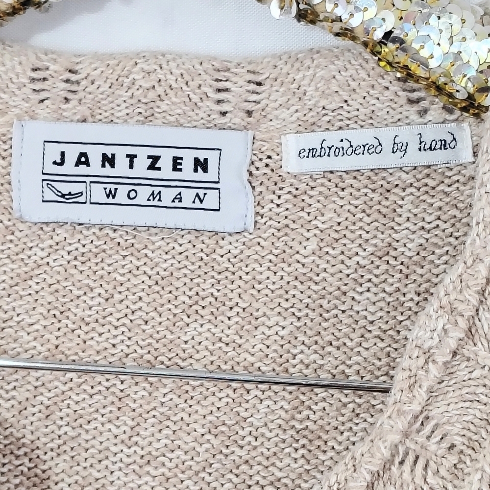 Vintage 90s Jantzen Women's Tan Plus Size Floral Embroidery Sweater Cottagecore - Picture 9 of 9